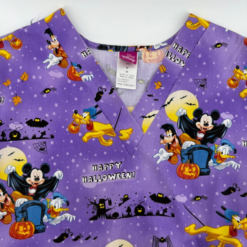 Disney Halloween Scrub Top Purple‎ Mickey Mouse Vampire Goofy Pluto Size Medium